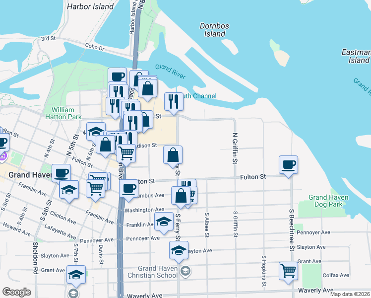 map of restaurants, bars, coffee shops, grocery stores, and more near 332 North Ferry Street in Grand Haven