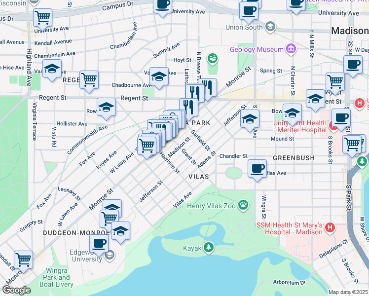 map of restaurants, bars, coffee shops, grocery stores, and more near 1725 Madison Street in Madison