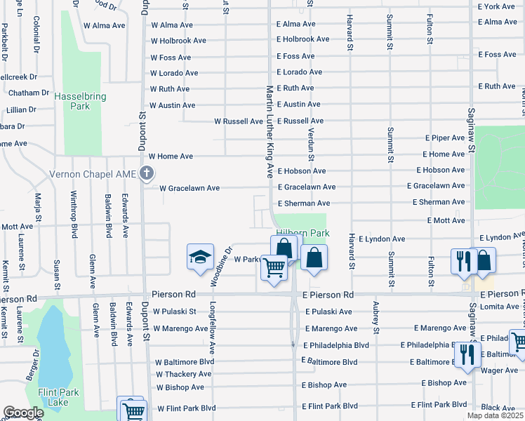 map of restaurants, bars, coffee shops, grocery stores, and more near Rosewood Manor Drive in Flint