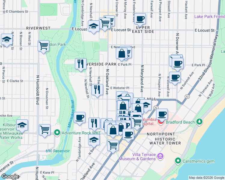 map of restaurants, bars, coffee shops, grocery stores, and more near 2545 North Cramer Street in Milwaukee