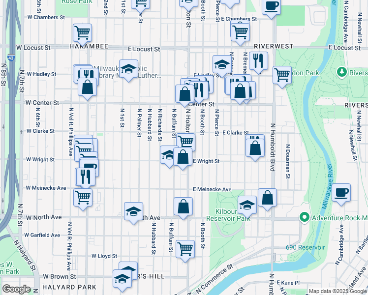 map of restaurants, bars, coffee shops, grocery stores, and more near 2539 North Holton Street in Milwaukee