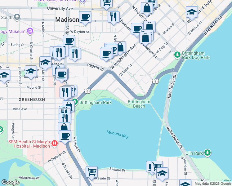 map of restaurants, bars, coffee shops, grocery stores, and more near 125 South Brittingham Place in Madison