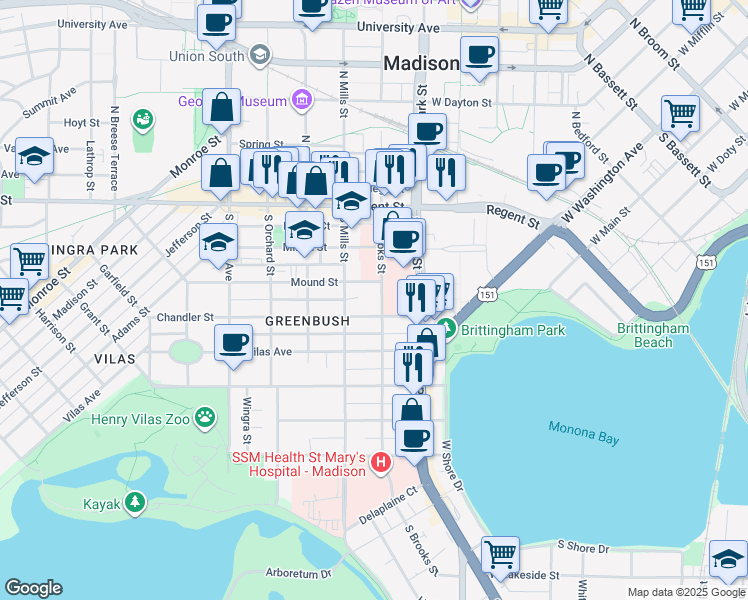 map of restaurants, bars, coffee shops, grocery stores, and more near 1013 Mound Street in Madison