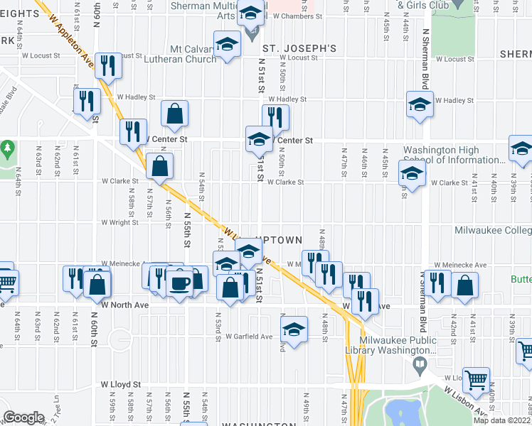 map of restaurants, bars, coffee shops, grocery stores, and more near 2516 North 51st Street in Milwaukee