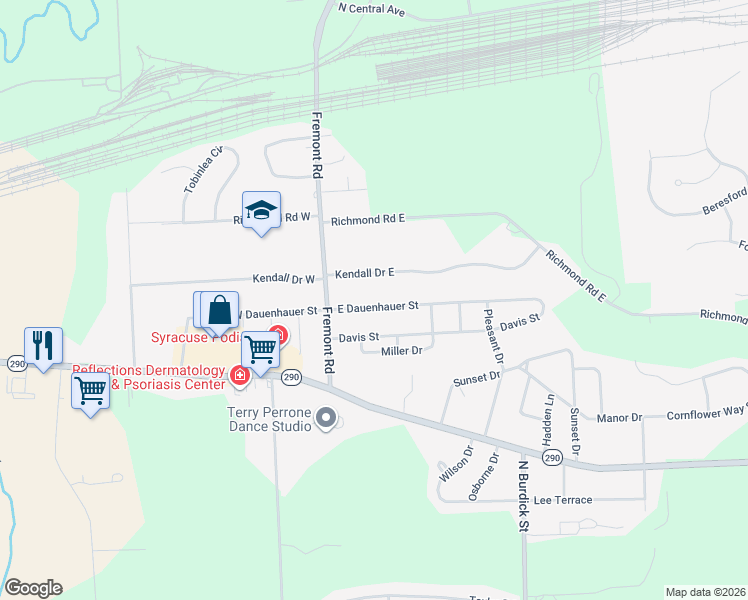 map of restaurants, bars, coffee shops, grocery stores, and more near 111 East Dauenhauer Street in East Syracuse