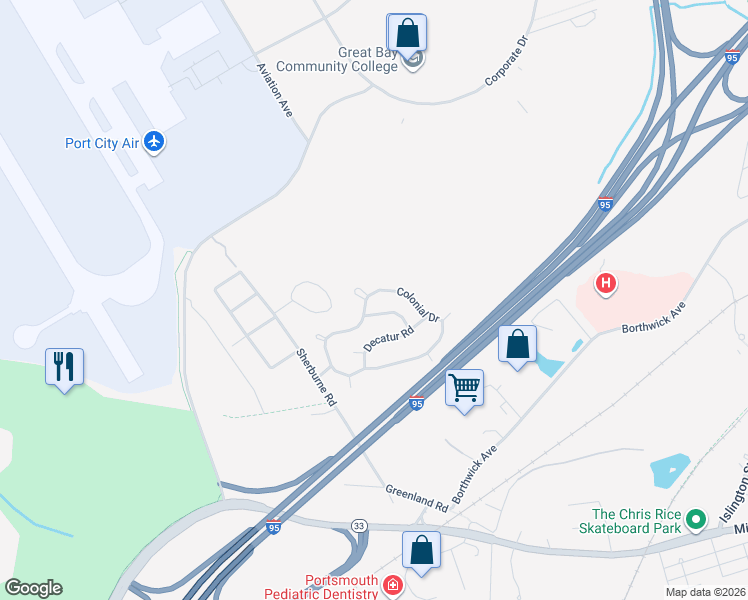 map of restaurants, bars, coffee shops, grocery stores, and more near 492 Colonial Drive in Portsmouth