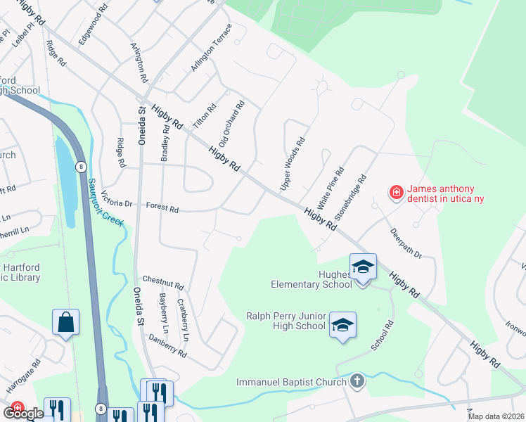 map of restaurants, bars, coffee shops, grocery stores, and more near 25 Forest Road in Utica
