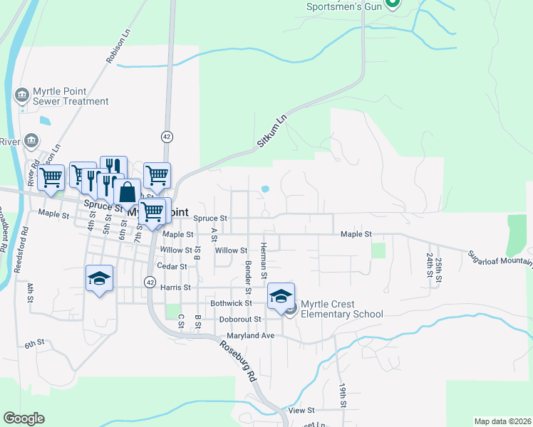 map of restaurants, bars, coffee shops, grocery stores, and more near 1431 Spruce Street in Myrtle Point