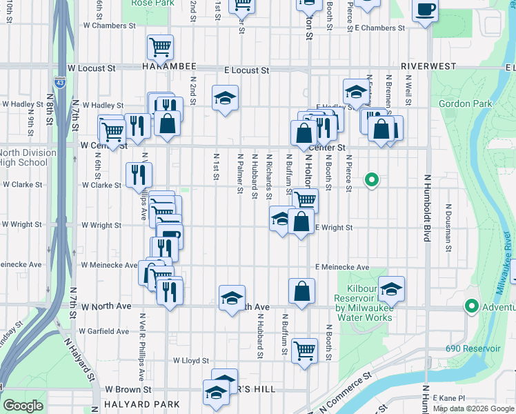 map of restaurants, bars, coffee shops, grocery stores, and more near 2549 North Hubbard Street in Milwaukee