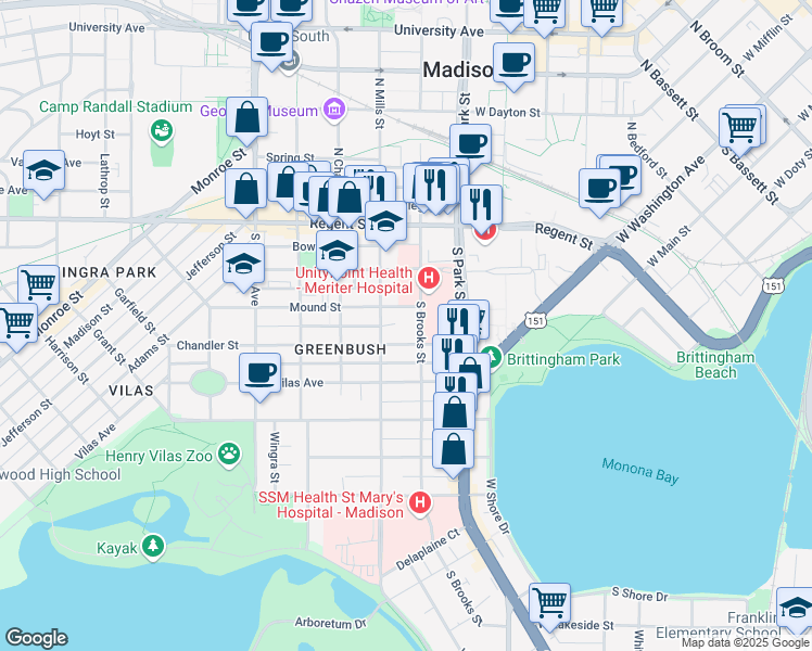 map of restaurants, bars, coffee shops, grocery stores, and more near 210 South Brooks Street in Madison