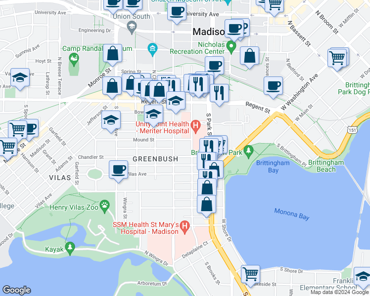 map of restaurants, bars, coffee shops, grocery stores, and more near 210 South Brooks Street in Madison