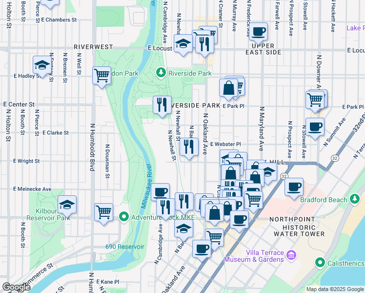 map of restaurants, bars, coffee shops, grocery stores, and more near 1609 East Webster Place in Milwaukee