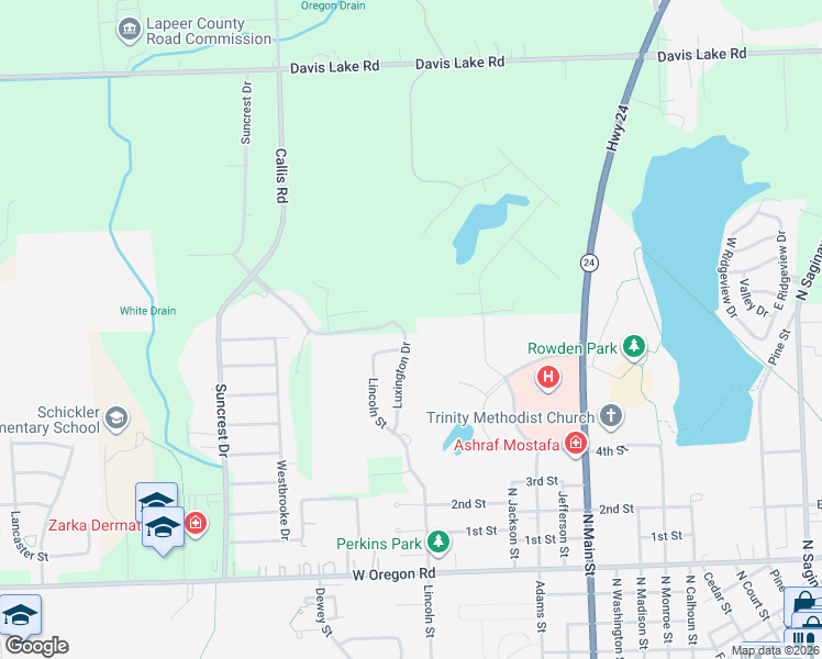 map of restaurants, bars, coffee shops, grocery stores, and more near 1480 Luxington Drive in Lapeer