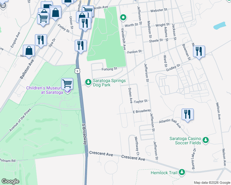 map of restaurants, bars, coffee shops, grocery stores, and more near 13 Joshua Road in Saratoga Springs