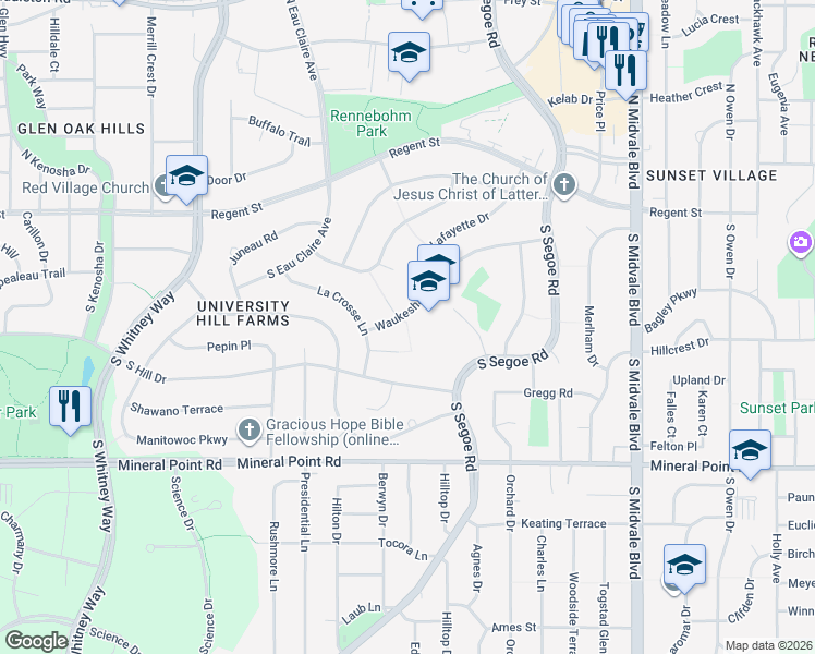 map of restaurants, bars, coffee shops, grocery stores, and more near 4895 Waukesha St in Madison