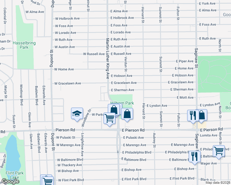 map of restaurants, bars, coffee shops, grocery stores, and more near 140 East Sherman Avenue in Flint