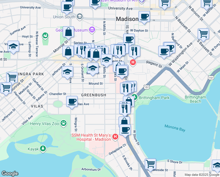 map of restaurants, bars, coffee shops, grocery stores, and more near 1015 Mound Street in Madison