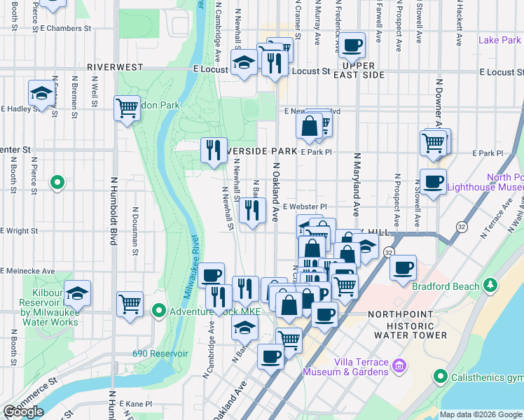 map of restaurants, bars, coffee shops, grocery stores, and more near 2557 North Bartlett Avenue in Milwaukee