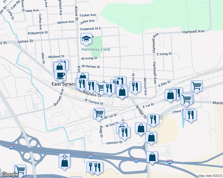 map of restaurants, bars, coffee shops, grocery stores, and more near 115 West Ellis Street in East Syracuse