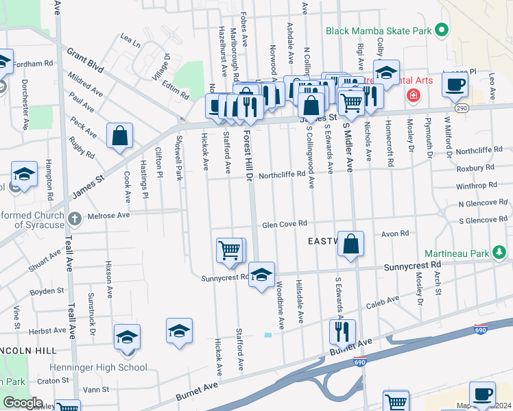 map of restaurants, bars, coffee shops, grocery stores, and more near 236-38 Forest Hill Drive in Syracuse