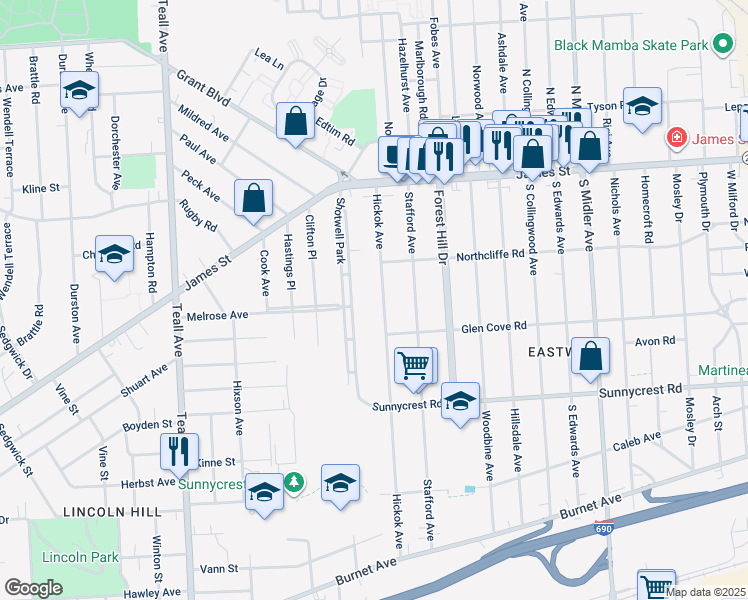 map of restaurants, bars, coffee shops, grocery stores, and more near 181 Shotwell Park in Syracuse