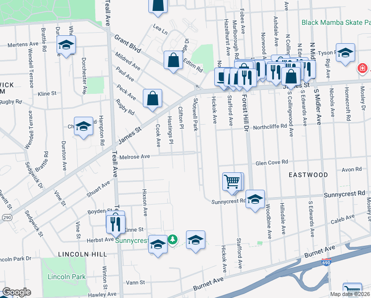 map of restaurants, bars, coffee shops, grocery stores, and more near 180 Shotwell Park in Syracuse