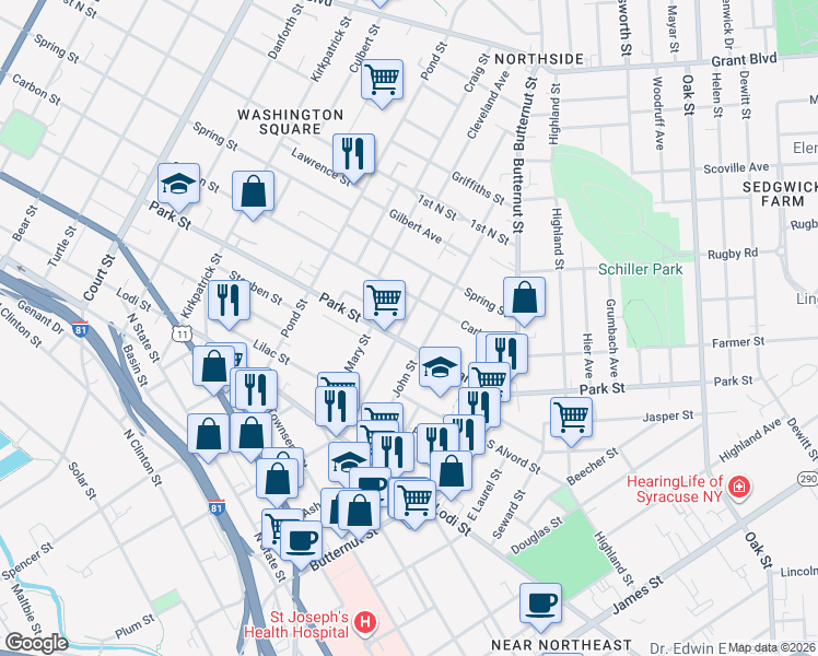 map of restaurants, bars, coffee shops, grocery stores, and more near 710 East Division Street in Syracuse