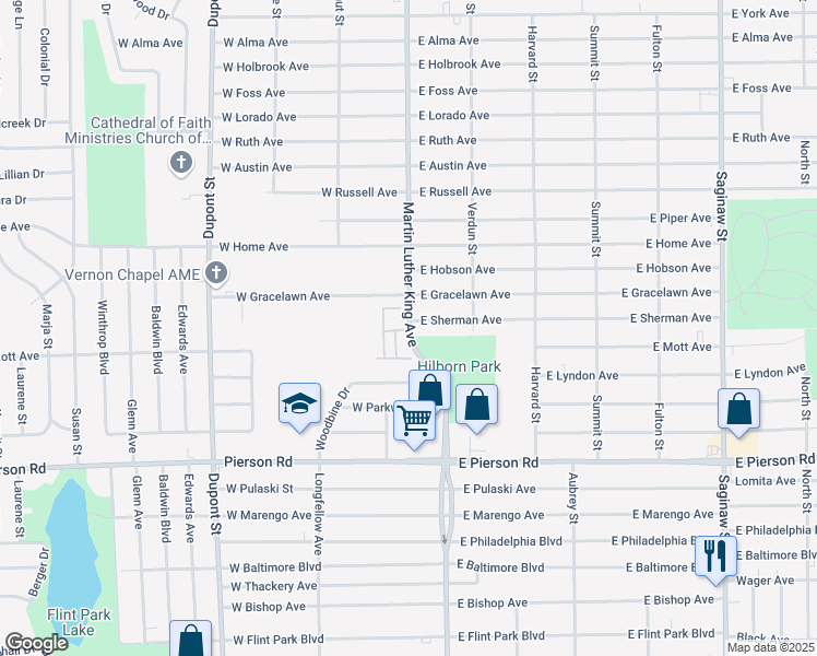 map of restaurants, bars, coffee shops, grocery stores, and more near Rosewood Manor Drive in Flint