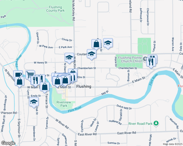 map of restaurants, bars, coffee shops, grocery stores, and more near 406 Chamberlain Street in Flushing
