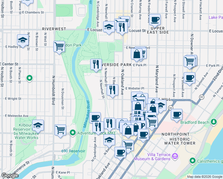 map of restaurants, bars, coffee shops, grocery stores, and more near 2557 North Bartlett Avenue in Milwaukee