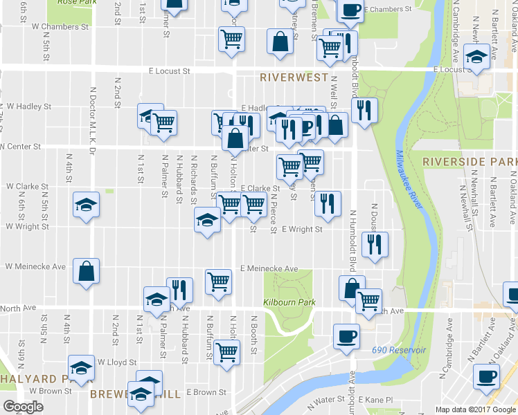 map of restaurants, bars, coffee shops, grocery stores, and more near 2551 North Pierce Street in Milwaukee