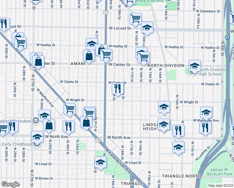 map of restaurants, bars, coffee shops, grocery stores, and more near 2536 North 19th Street in Milwaukee