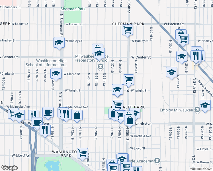 map of restaurants, bars, coffee shops, grocery stores, and more near 2531 North 37th Street in Milwaukee