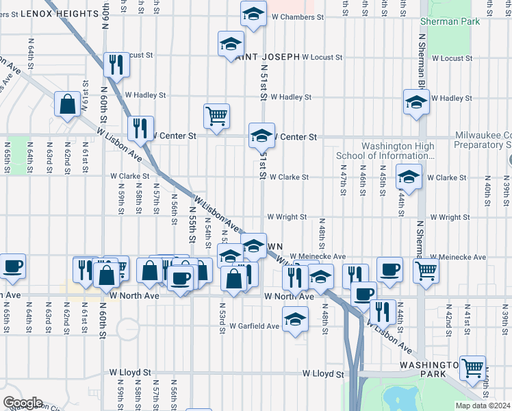 map of restaurants, bars, coffee shops, grocery stores, and more near 2531 North 51st Street in Milwaukee