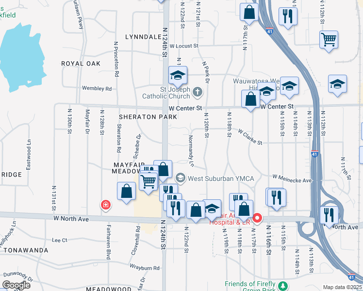 map of restaurants, bars, coffee shops, grocery stores, and more near 2542 North 124th Street in Wauwatosa