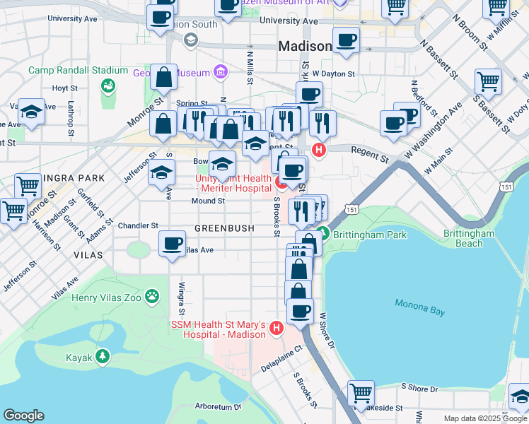 map of restaurants, bars, coffee shops, grocery stores, and more near 210 South Brooks Street in Madison