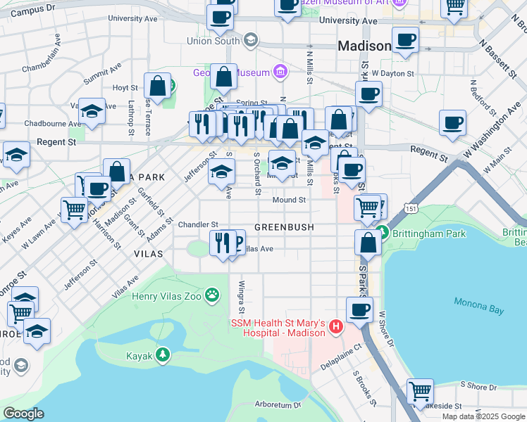 map of restaurants, bars, coffee shops, grocery stores, and more near 206 South Orchard Street in Madison