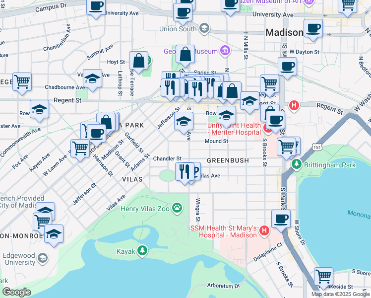 map of restaurants, bars, coffee shops, grocery stores, and more near 202 South Randall Avenue in Madison