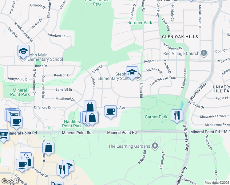 map of restaurants, bars, coffee shops, grocery stores, and more near 5909 South Hill Drive in Madison