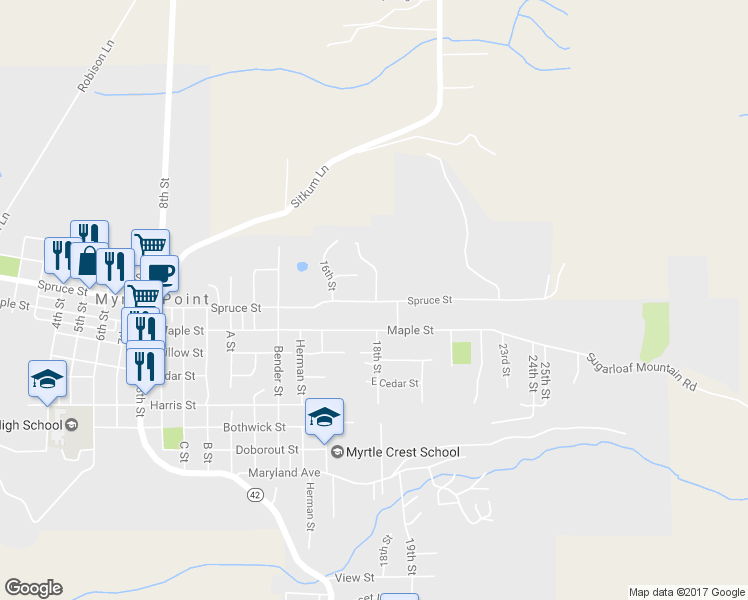 map of restaurants, bars, coffee shops, grocery stores, and more near 1749 Spruce Street in Myrtle Point
