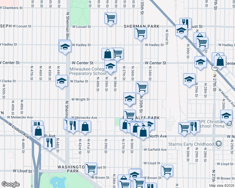 map of restaurants, bars, coffee shops, grocery stores, and more near 2531 North 37th Street in Milwaukee