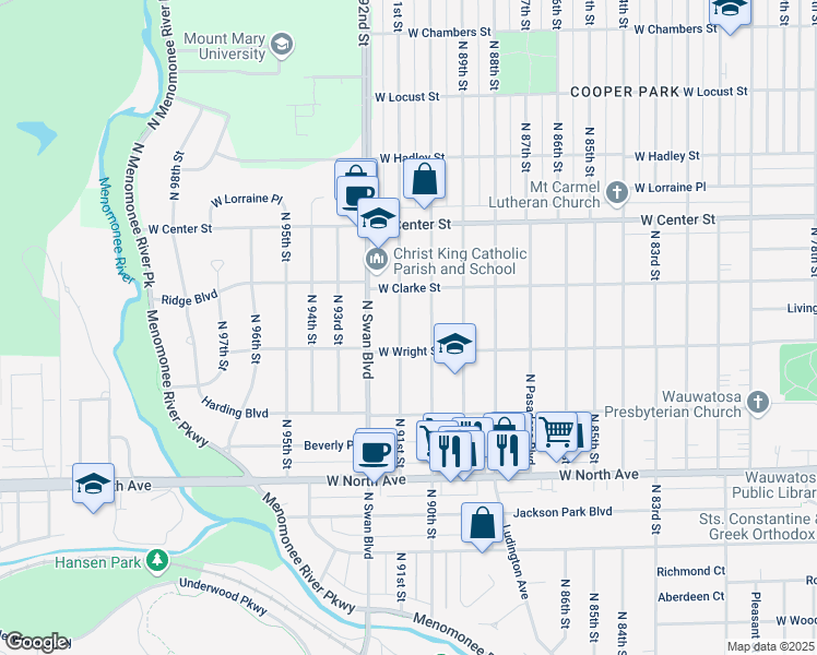 map of restaurants, bars, coffee shops, grocery stores, and more near 2536 North 91st Street in Wauwatosa