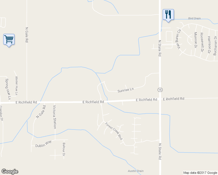 map of restaurants, bars, coffee shops, grocery stores, and more near 9301 Sunrise Lane in Davison