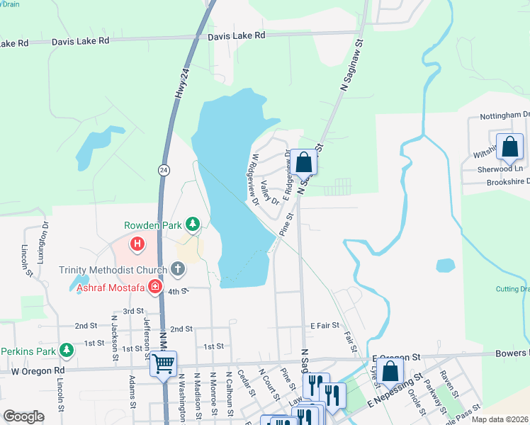 map of restaurants, bars, coffee shops, grocery stores, and more near West Ridgeview Drive in Lapeer