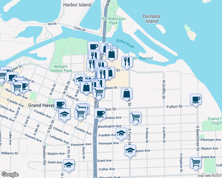 map of restaurants, bars, coffee shops, grocery stores, and more near 922 Madison Street in Grand Haven