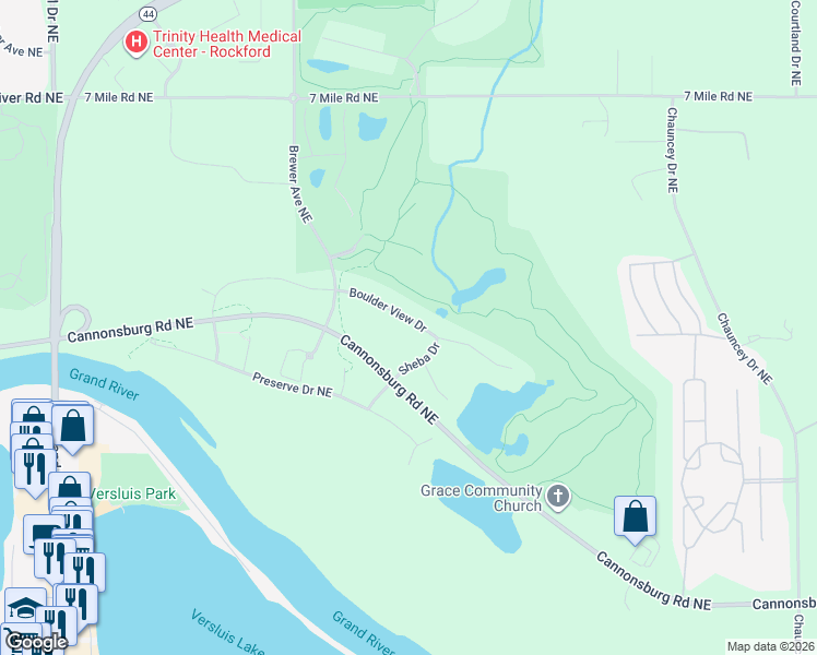 map of restaurants, bars, coffee shops, grocery stores, and more near 4134 Boulder View Drive in Kent County