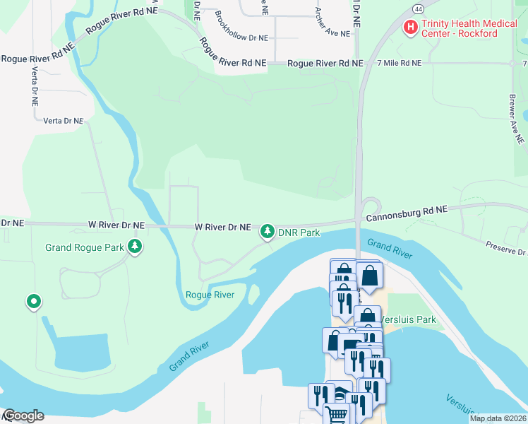 map of restaurants, bars, coffee shops, grocery stores, and more near 6591 West River Drive Northeast in Plainfield charter Township