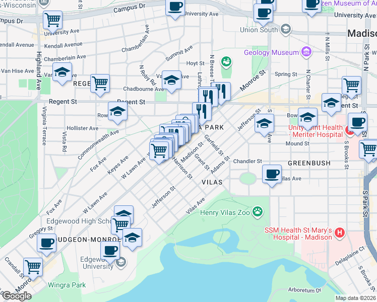 map of restaurants, bars, coffee shops, grocery stores, and more near 1804 Madison Street in Madison