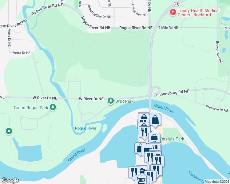 map of restaurants, bars, coffee shops, grocery stores, and more near 6591 West River Drive Northeast in Kent County