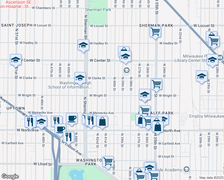 map of restaurants, bars, coffee shops, grocery stores, and more near 2523 North 40th Street in Milwaukee
